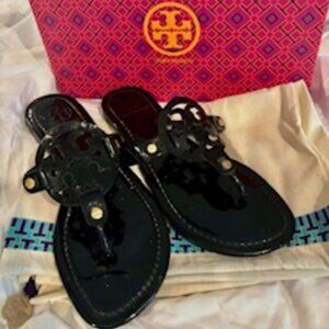 Tori Burch Miller Black Patent Sandal-Size 8.5